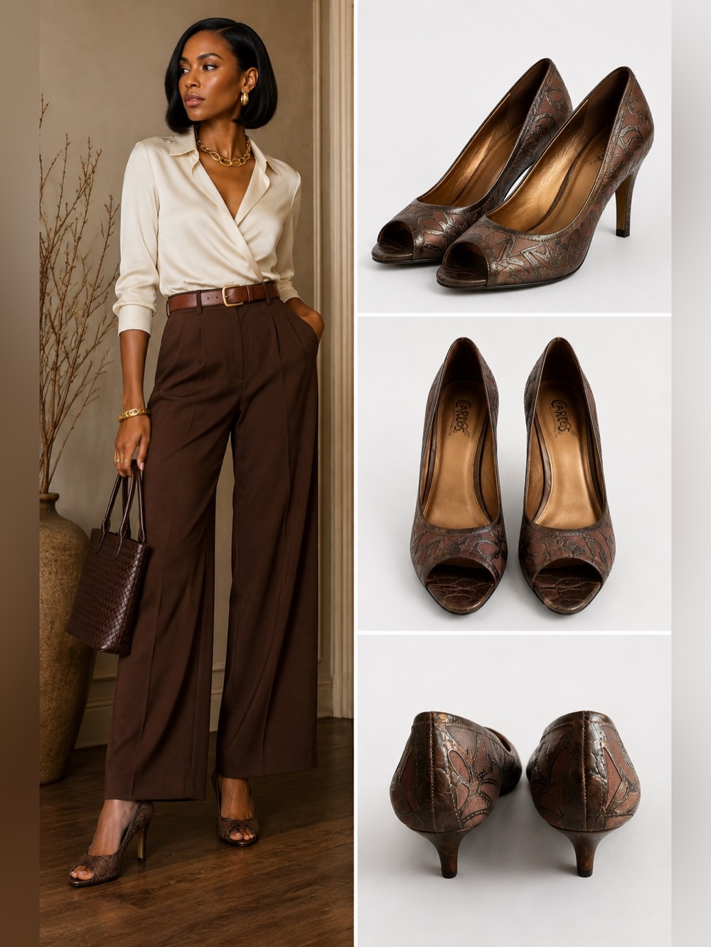 👠Carlos Santana Embossed Leather Peep-Toe Heels •Size 7.5• Brown Pumps👠